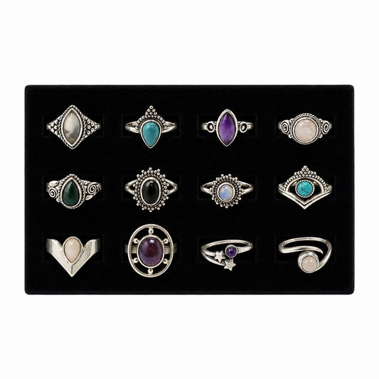 12 Silver-Plated Gemstone Rings, Foam Display Tray, Design #02