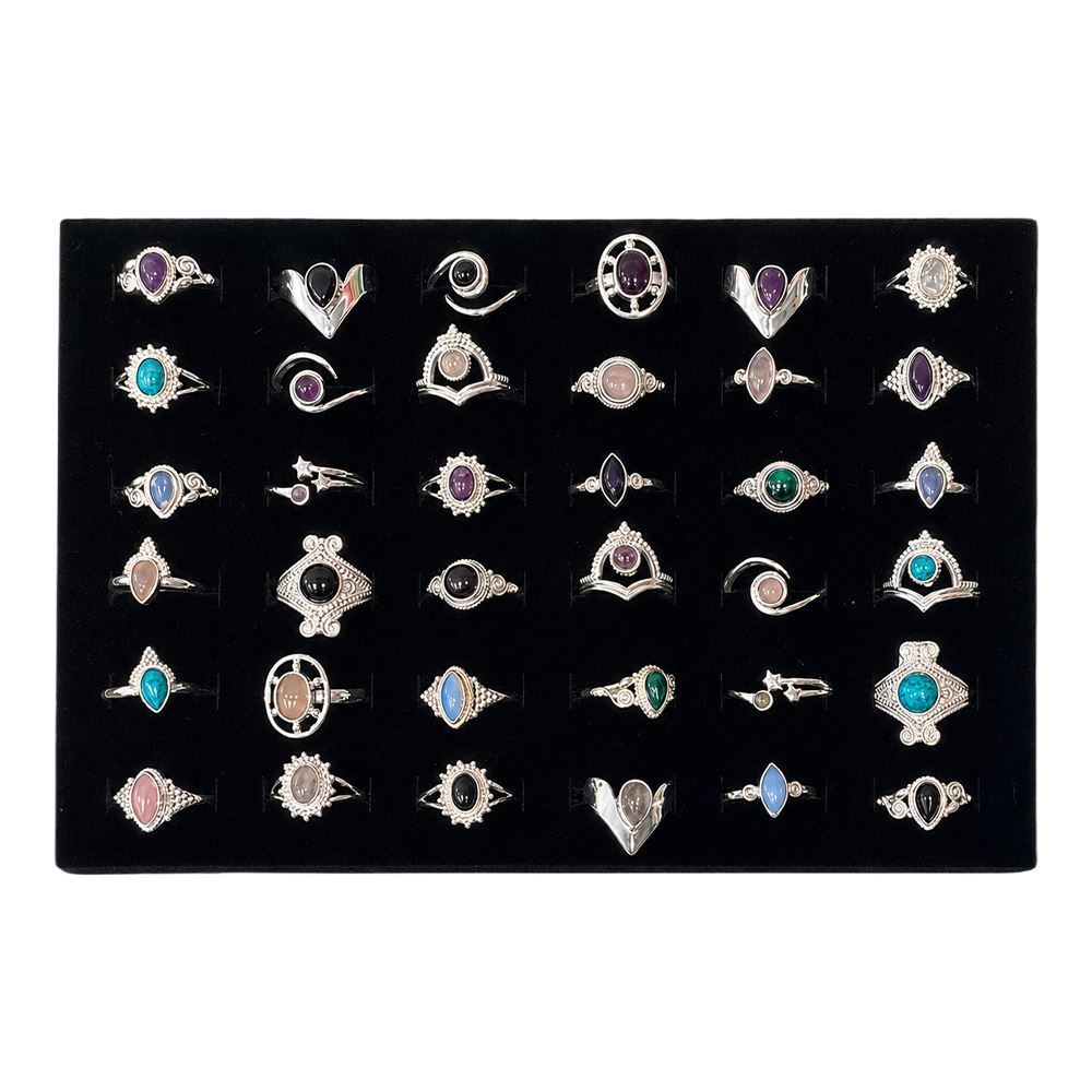 36 Adjustable Silver-Plated Rings with Gemstones, Assorted Designs, Foam Display Tray