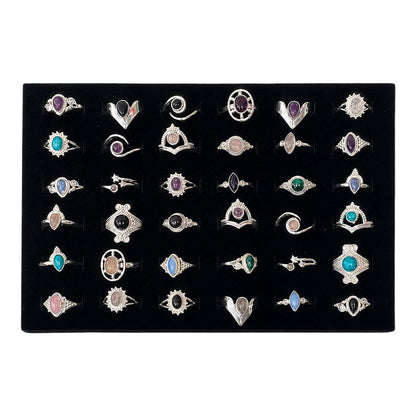 36 Adjustable Silver-Plated Rings with Gemstones, Assorted Designs, Foam Display Tray