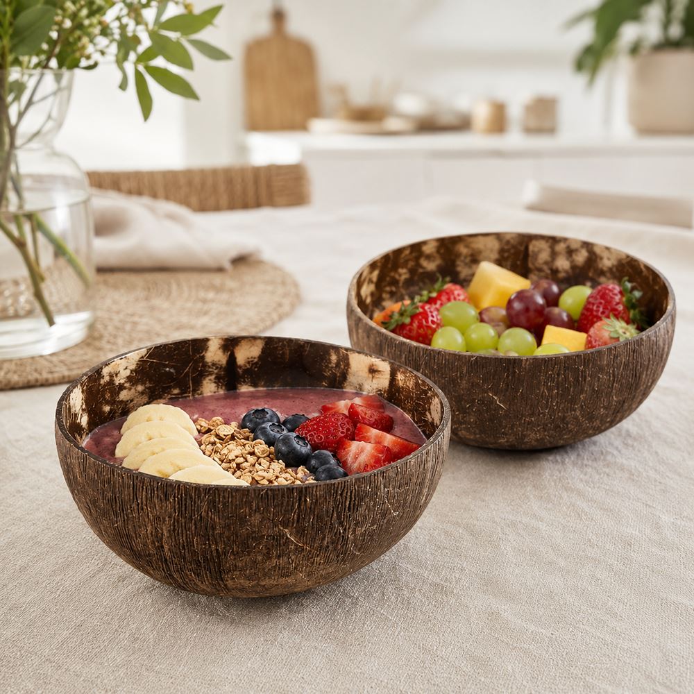 Natural Coconut Shell Bowls, Food-Safe Lacquered Interior, Medium 11-12cm Set