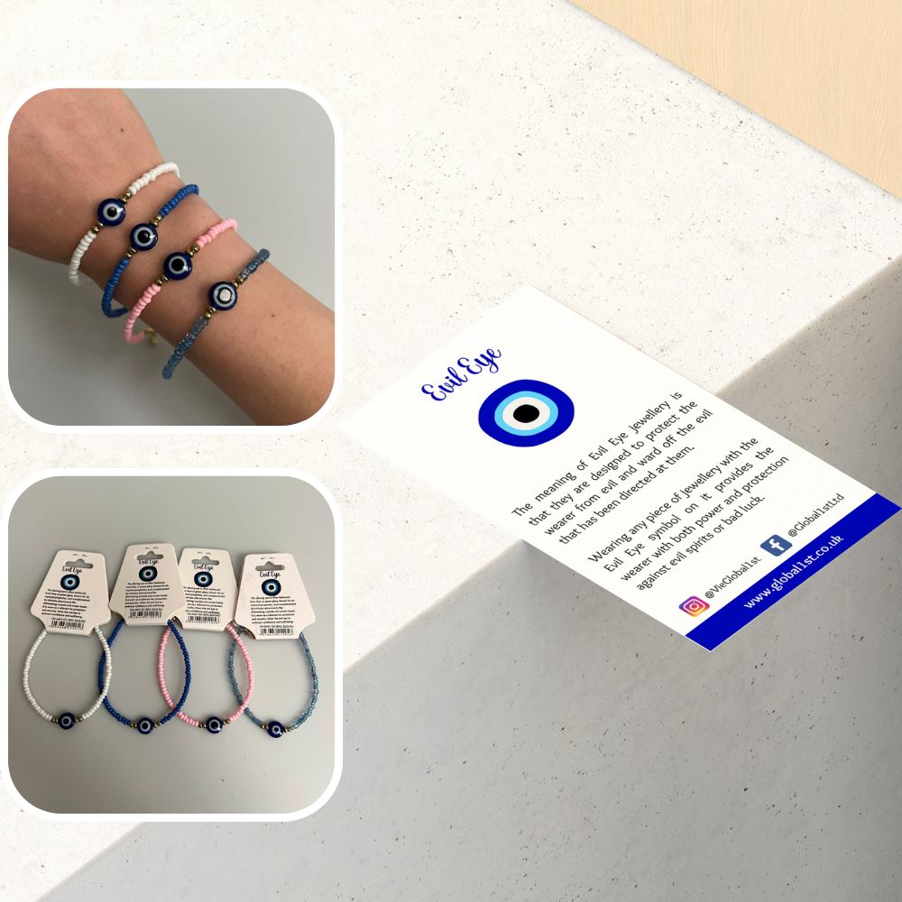 Evil Eye Bracelet with 2 Gold Beads Each Side, (JIT)