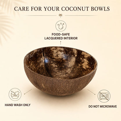 Natural Coconut Shell Bowls, Food-Safe Lacquered Interior, Medium 11-12cm Set