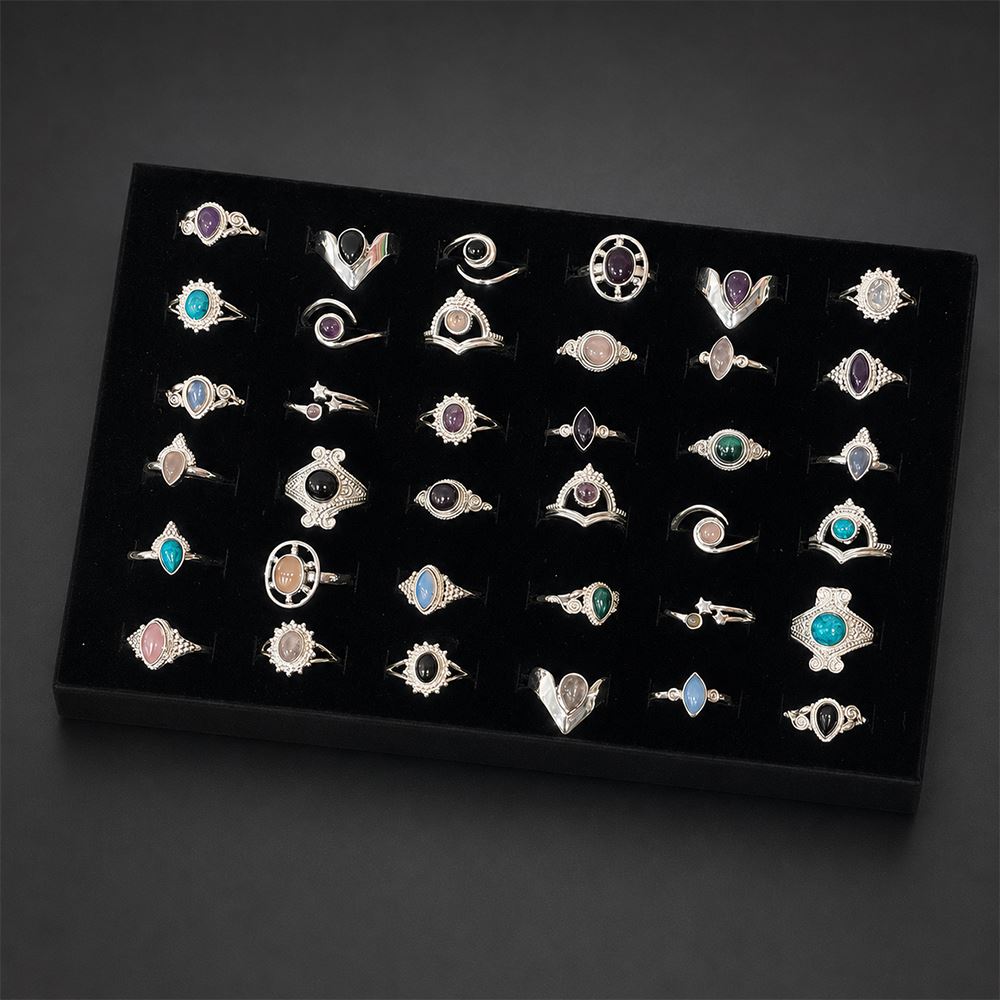 36 Adjustable Silver-Plated Rings with Gemstones, Assorted Designs, Foam Display Tray