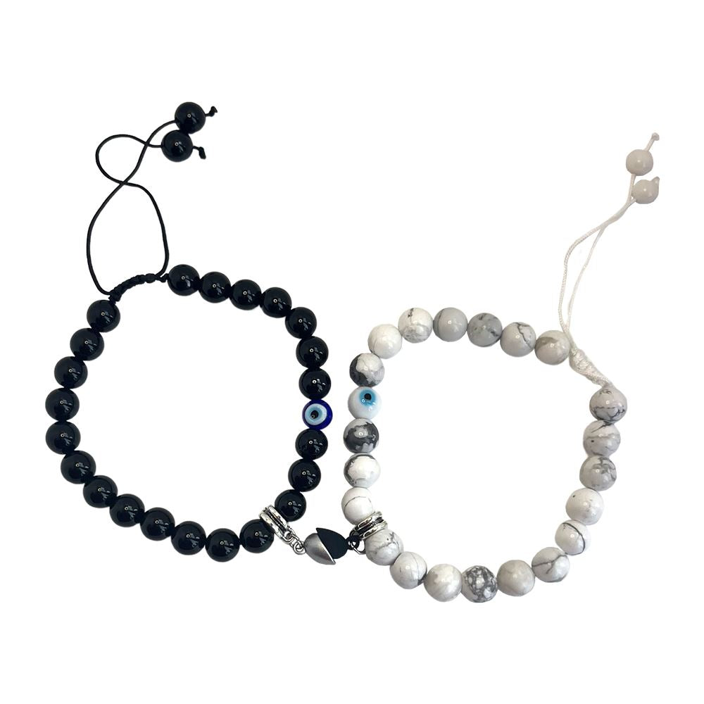 Duo Bracelets Set: Natural Howlite and Black Onyx with Evil Eye and Magnetic Heart Charms