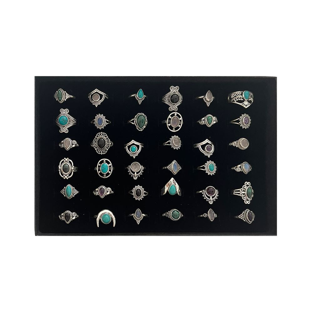 36 Adjustable Silver-Plated Rings with Gemstones, Assorted Designs, Foam Display Tray