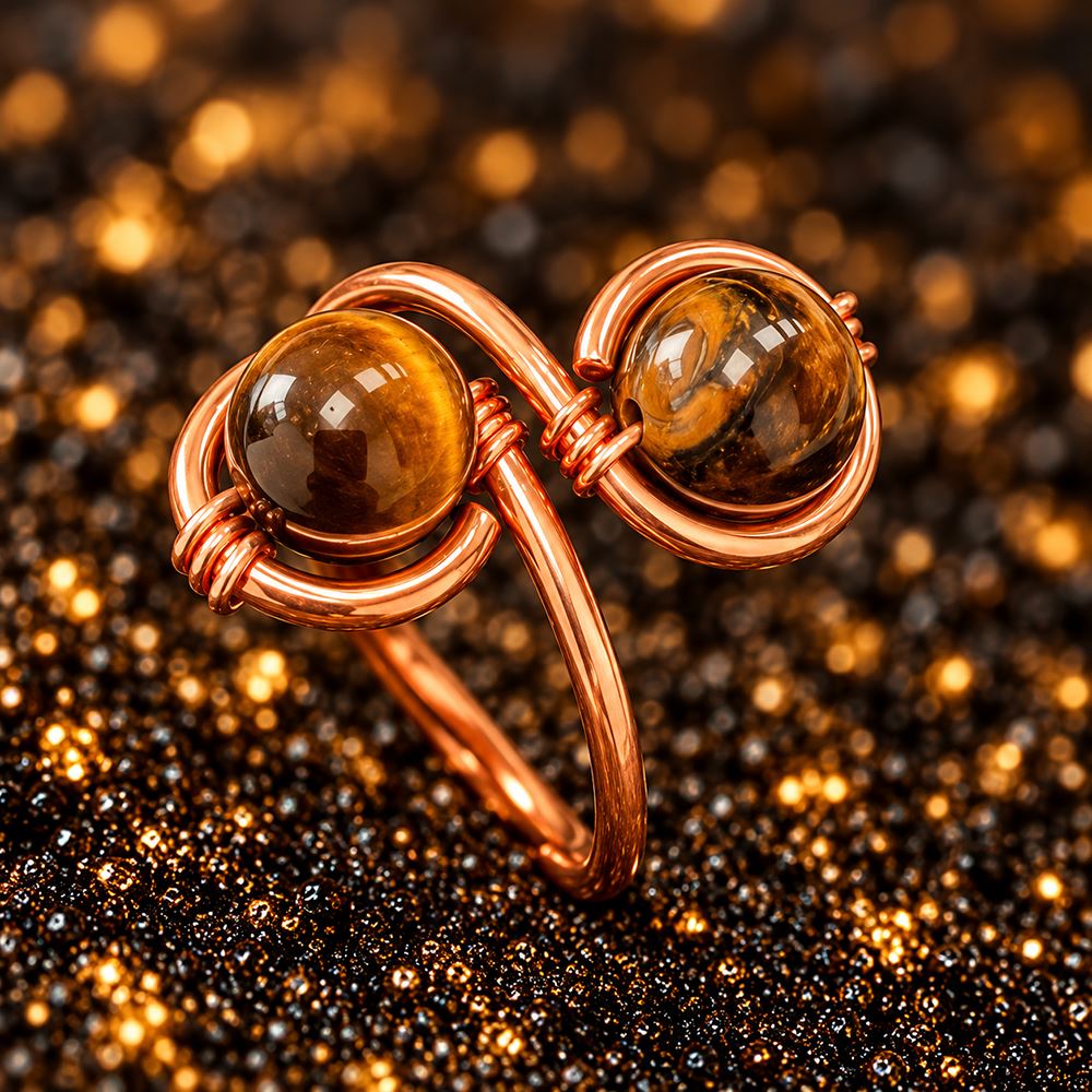 Copper Ring with Polished Stone, Design #03, Tiger's Eye