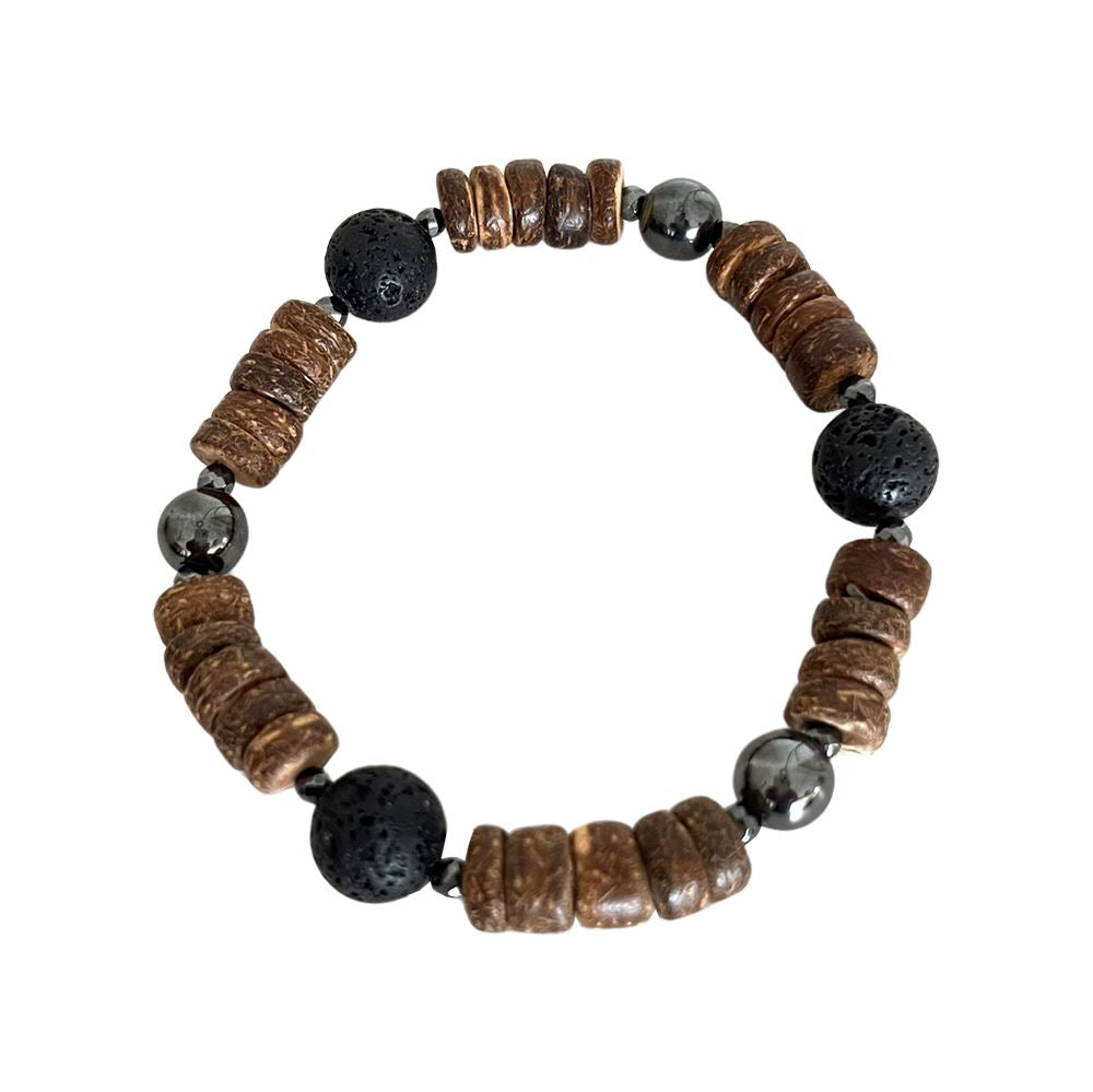 Coconut Rondelle Beads Stretch Bracelet, with Oil Diffuser Lava Rock Beads