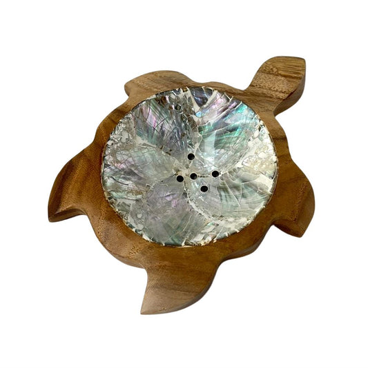 Turtle Soap Dish, Teak Wood with Abalone Inlay, Approx. 12cm