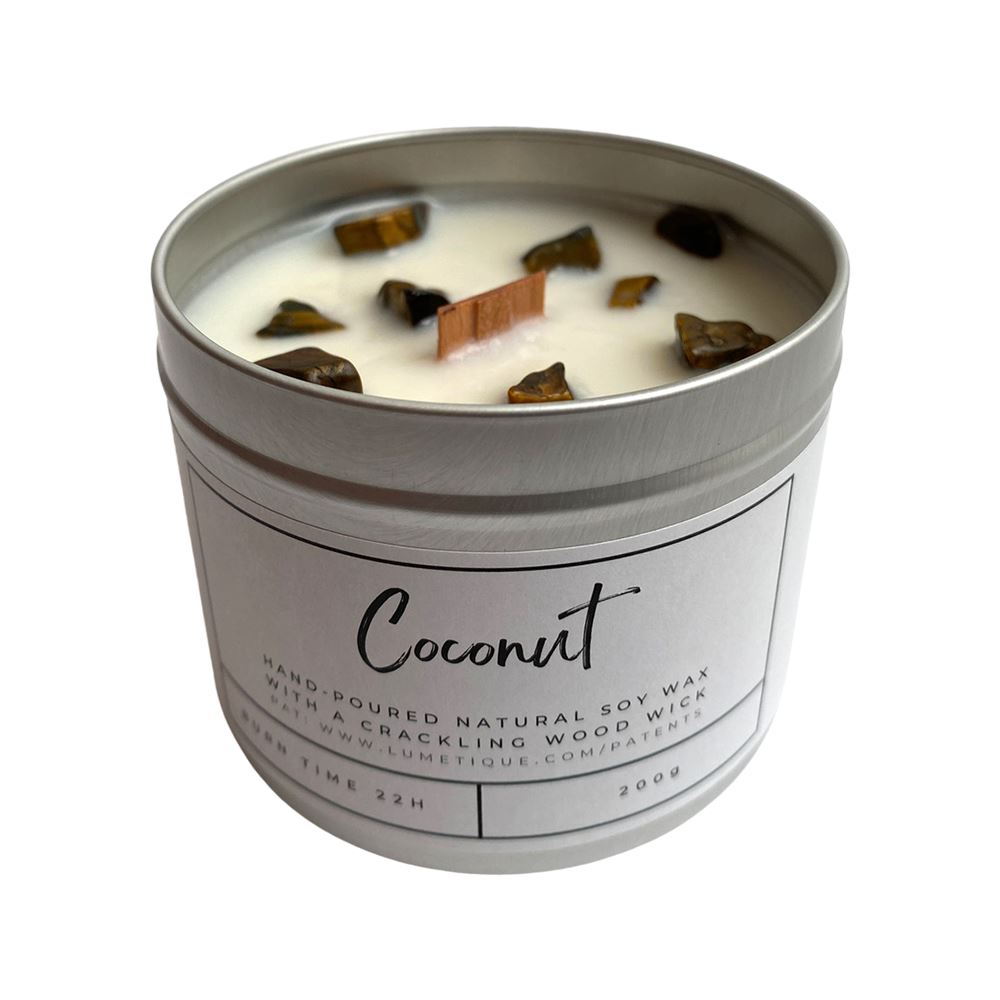 Aluminium Tin Candle, Coconut with Tiger's Eye Crystals