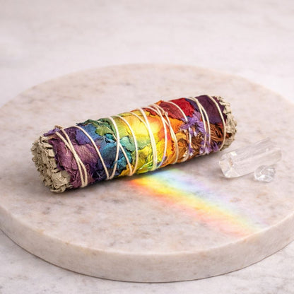 Smudge Stick, White Sage, 7 Chakra Petals and Purple Sinuata 4"