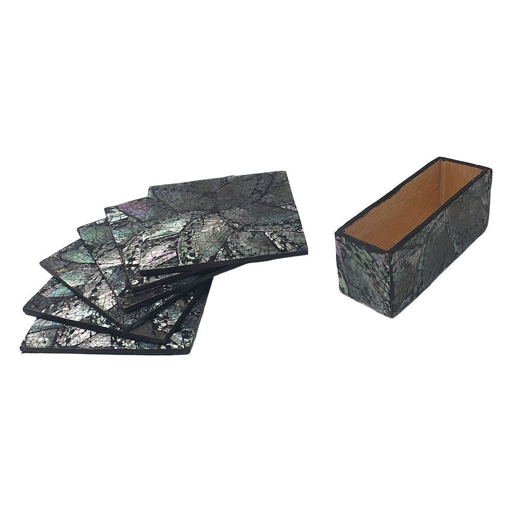 Capiz Inlay Coasters, Black/Silver, 10cm with Box, Set of 6