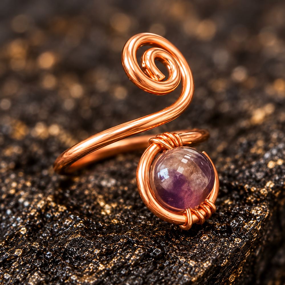 Copper Ring with Polished Stone, Design #05, Amethyst