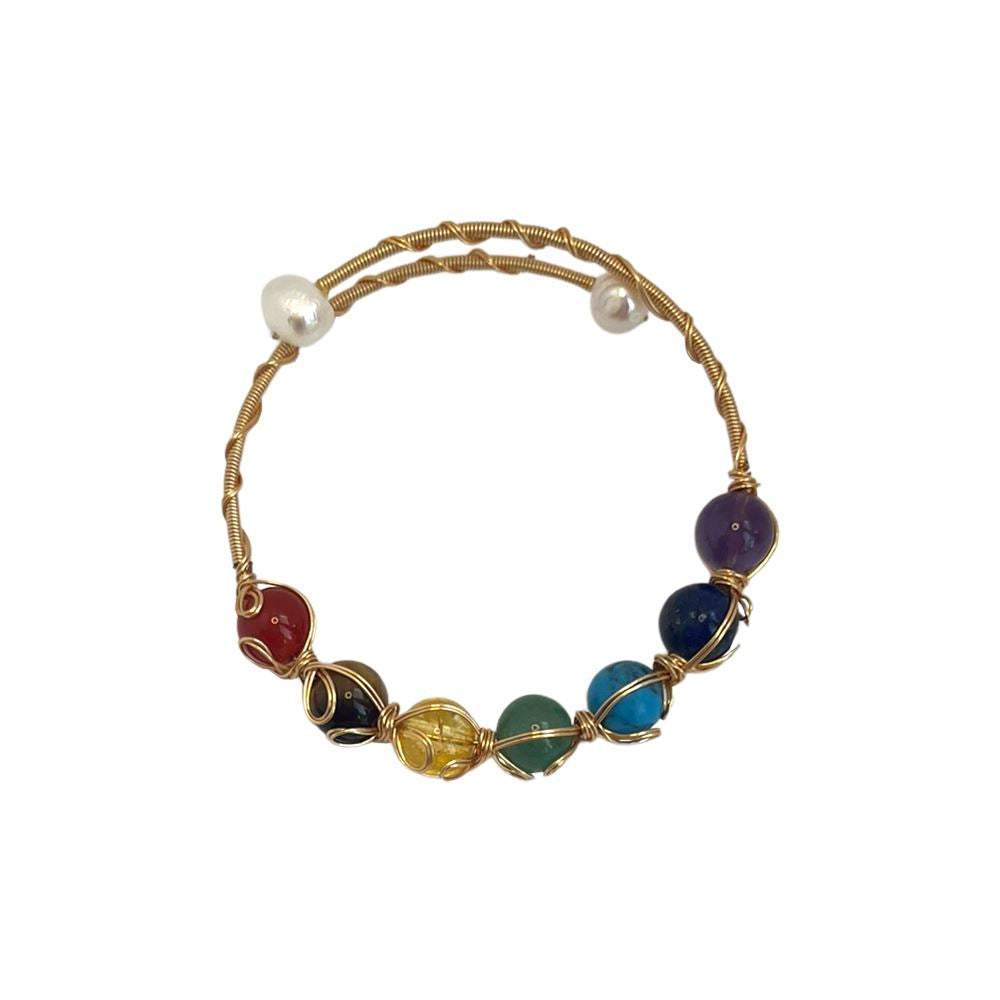 Copper Wire-Wrapped Chakra Stone Cuff Bangle with Pearl Fastening