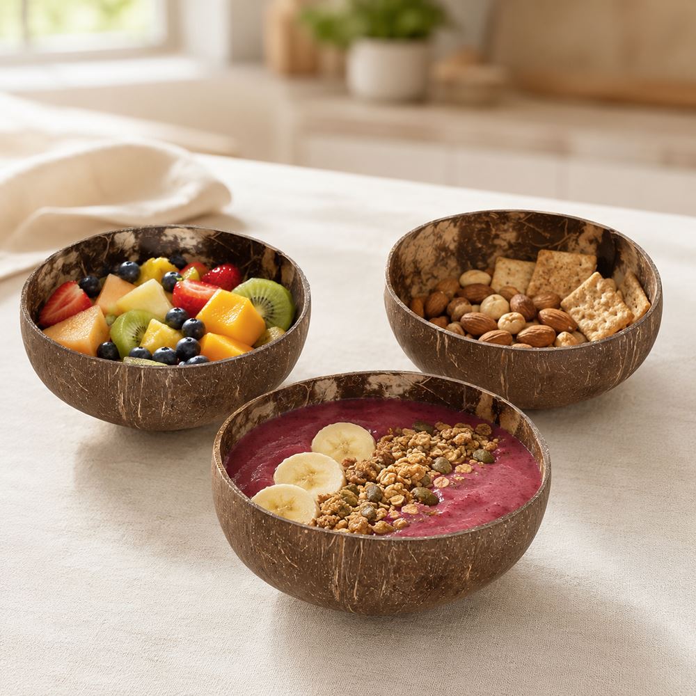 Natural Coconut Shell Bowls, Food-Safe Lacquered Interior, Medium 11-12cm Set