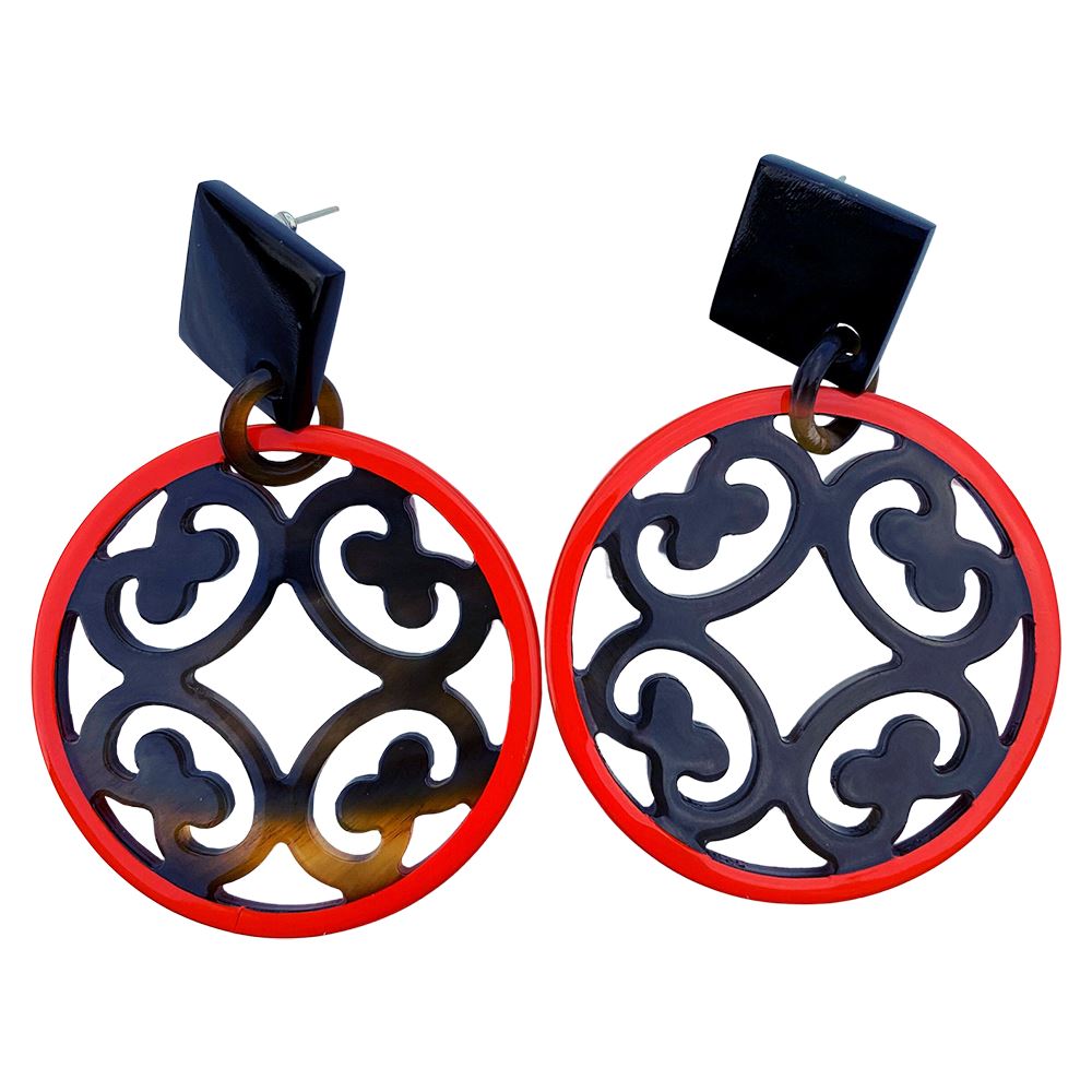 Boho Buffalo Horn Earrings, Lacquered, Red and Black