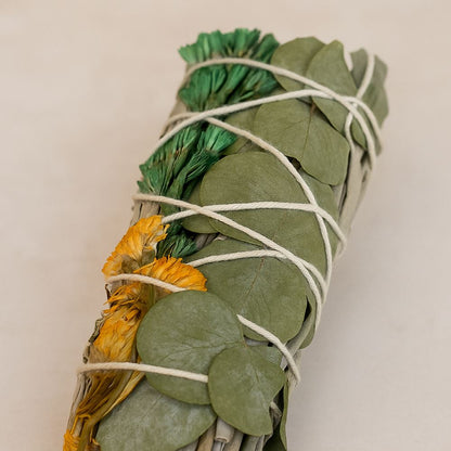Smudge Stick, White Sage, Orange, Green Sinuata and Eucalyptus 4"