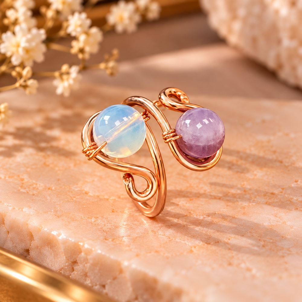 Copper Ring with Polished Stone, Design #04, Amethyst & Opalite
