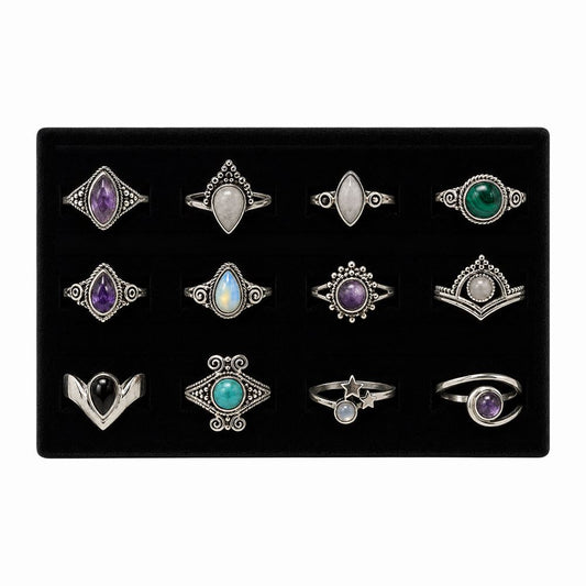 12 Silver-Plated Gemstone Rings, Foam Display Tray, Design #01
