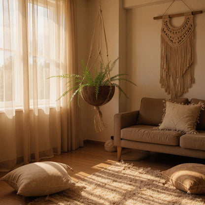 Coconut Shell Pot Holder with Macrame Jute Rope, 15x90cm