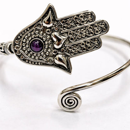 Silver-Plated Adjustable Hamsa Spiral Cuff Bangle - image 14