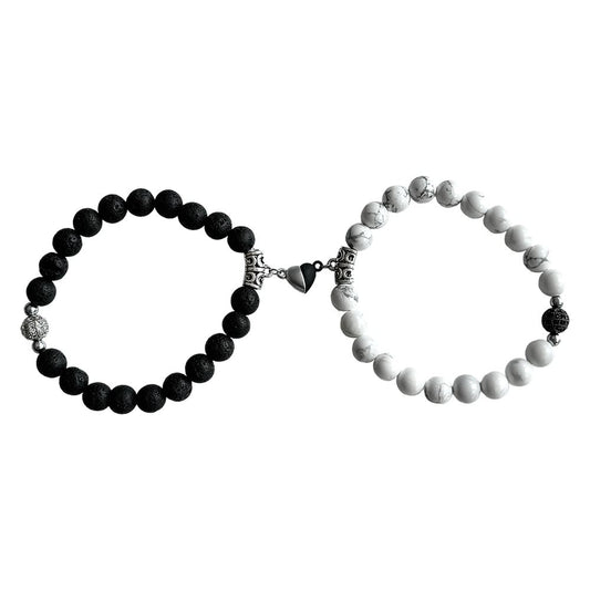 Duo Bracelets Set: Natural Howlite and Lava Rock with Magnetic Heart Charms