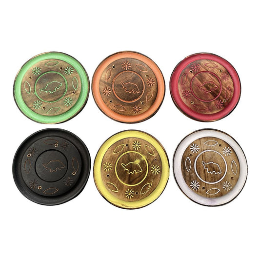 Round Elephant Design Incense Holder, Mango Wood, Single, Assorted Colour, 9.5cm