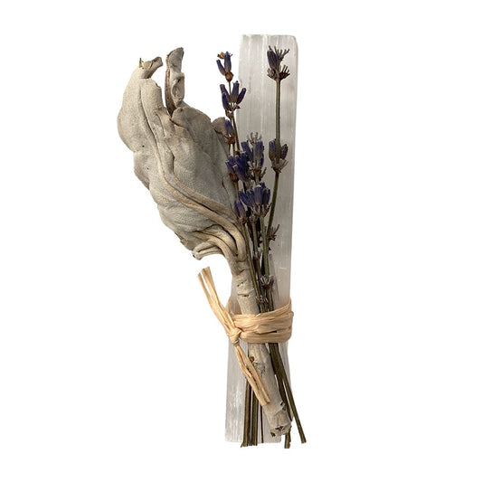Mini Smudge Cluster, White Sage with Lavender and Selenite Wand 4"
