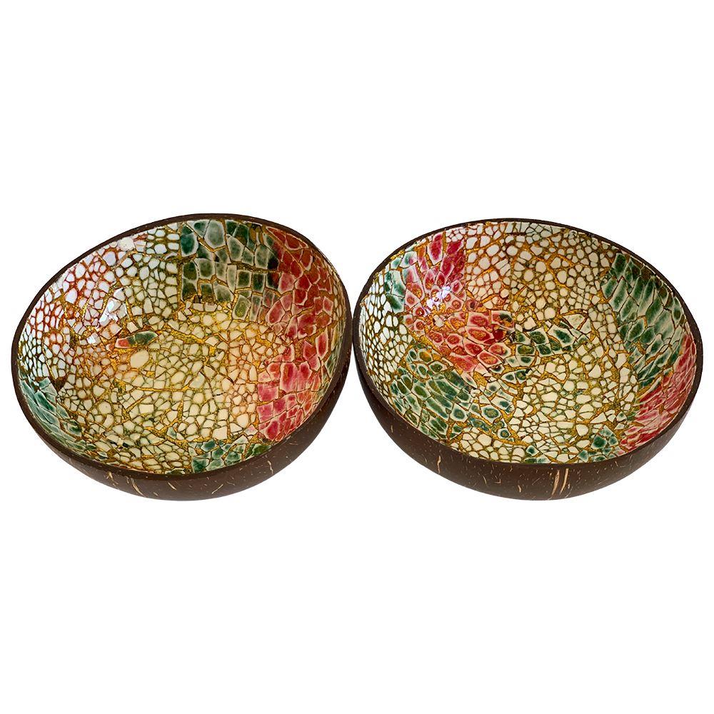 Hand-Painted Coconut Bowls, Lacquered, Set of 2
