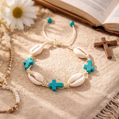 Cowrie Shell & Turquoise Cross Bracelet