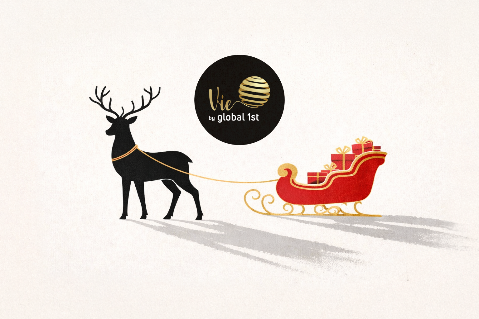 Reindeer pulling a red sleigh of gifts - Vie by Global 1st Christmas banner.