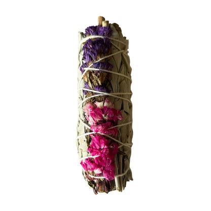 Smudge Stick, White Sage, Purple and Pink Sinuata 4"