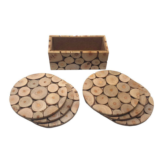Handmade Sliced Wood Coaster Set with Holder, Set of 6, 10cm, Round