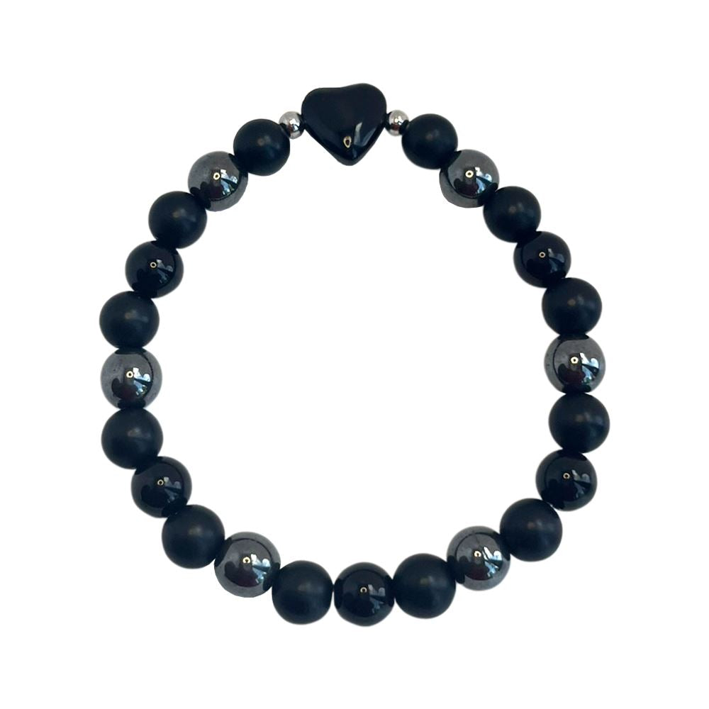 Black Obsidian and Hematite Heart Stretch Bracelet