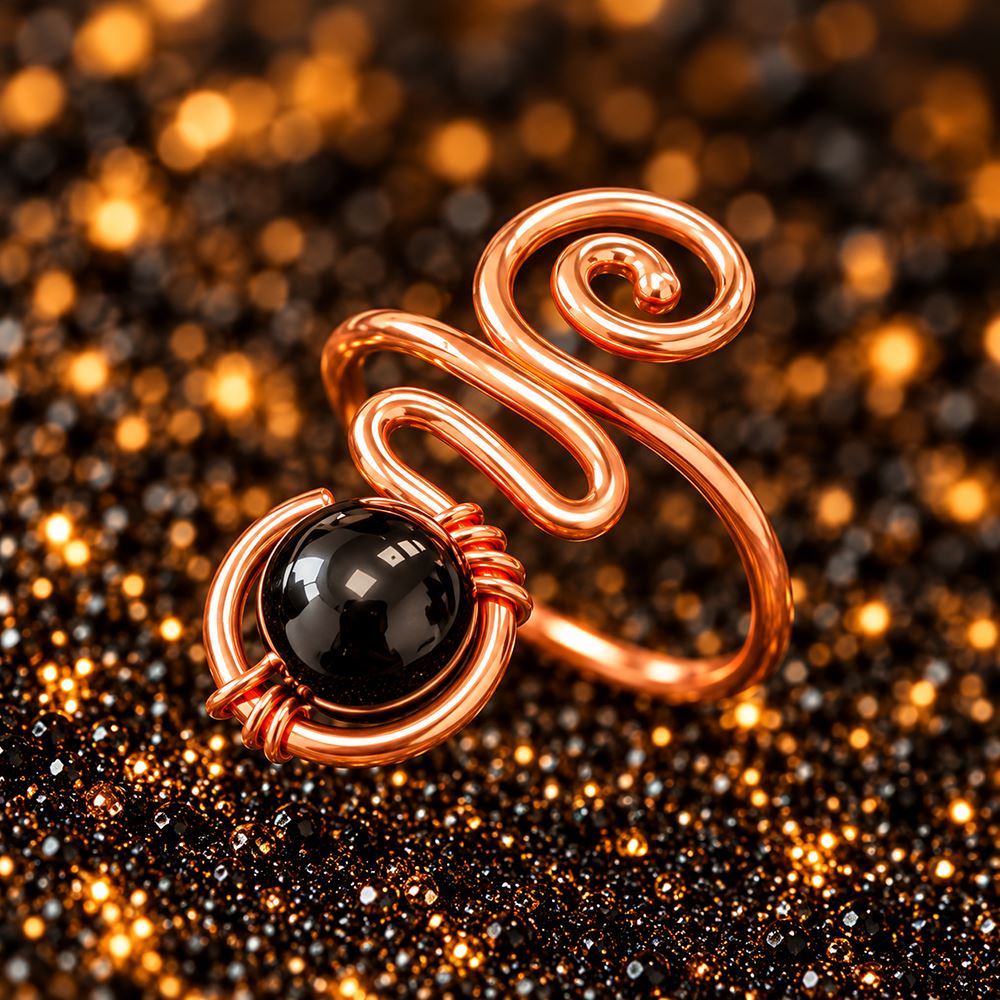 Copper Ring with Polished Stone, Design #01, Black Onyx