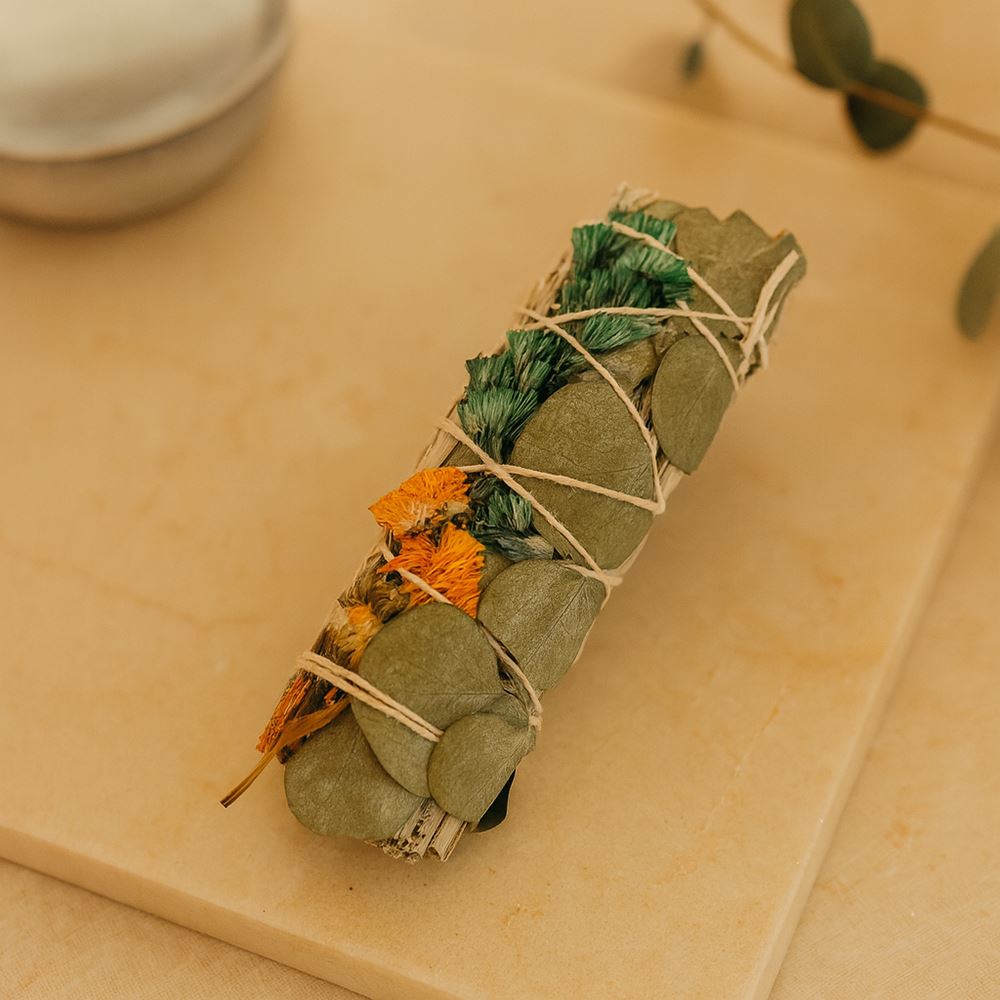Smudge Stick, White Sage, Orange, Green Sinuata and Eucalyptus 4"