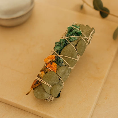 Smudge Stick, White Sage, Orange, Green Sinuata and Eucalyptus 4"