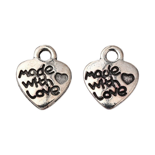Alloy Charm, Made with Love Heart, Antique Silver, Approx. 1.2x1cm, Pack of 50