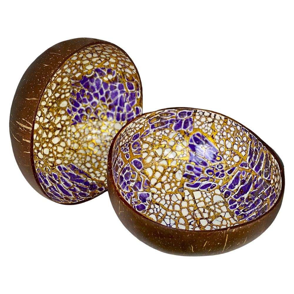 Hand-Painted Coconut Bowls, Lacquered, Set of 2, Design 18