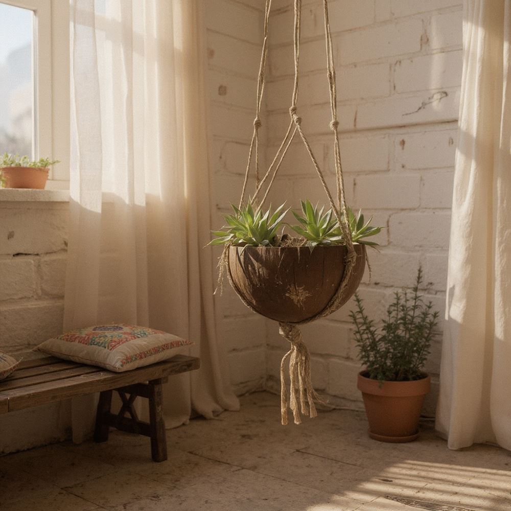 Coconut Shell Pot Holder with Macrame Jute Rope, 15x90cm