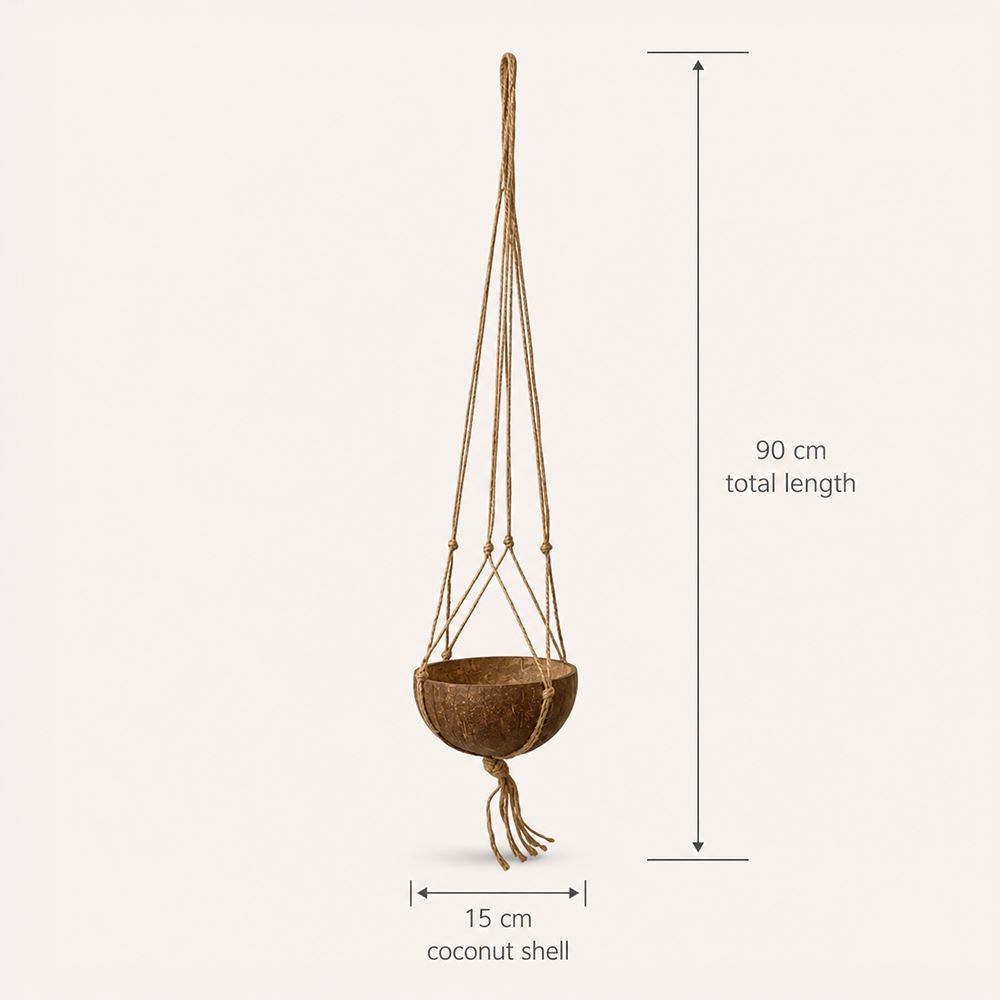 Coconut Shell Pot Holder with Macrame Jute Rope, 15x90cm - image 4