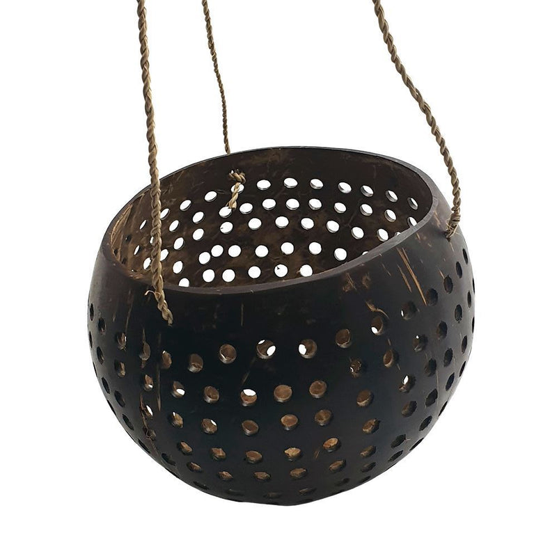 Carved Hanging Coconut Shell with a Sturdy Jute Rope, 13-15cm