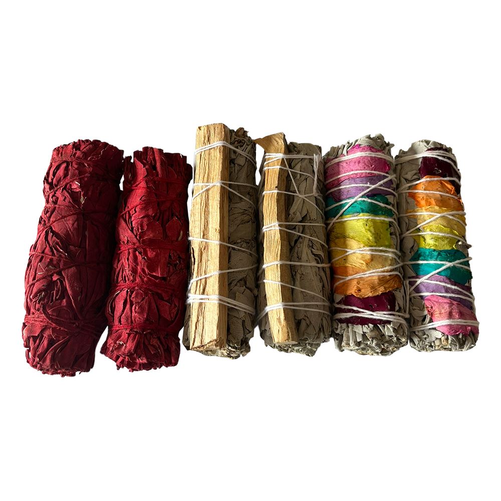 2x Palo Santo White Sage 4" Smudge Sticks, 2x Chakra Petals White Sage 4" Smudge Sticks, 2x Dragon's Blood White Sage 4" Smudge Sticks