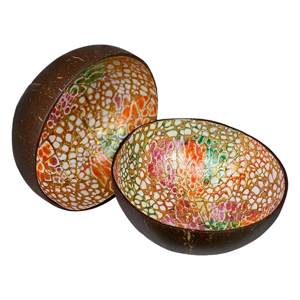 Hand-Painted Coconut Bowls, Lacquered, Set of 2, Design 16