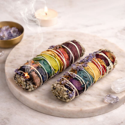 Smudge Stick, White Sage, 7 Chakra Petals and Purple Sinuata 4"