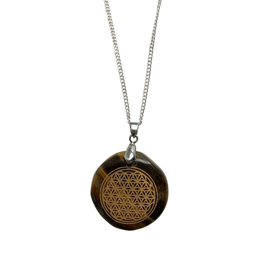 Disc Pendant & Flower of Life Design with Silver Chain