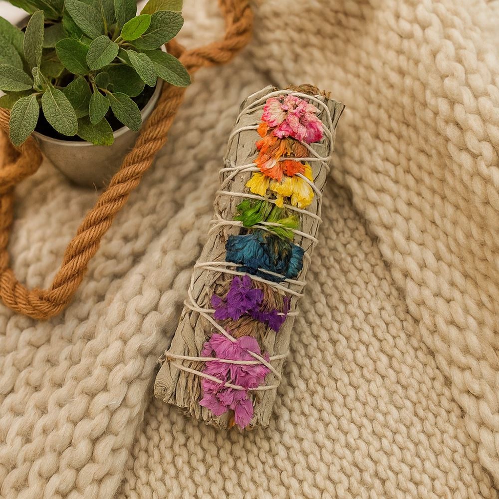 Smudge Stick, White Sage and 7 Chakra Flowers 4"