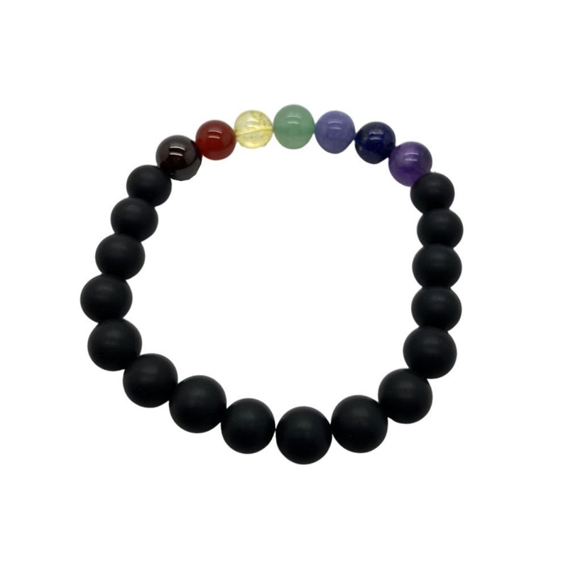 Crystal Bracelet, 8mm, Black Agate and 7 Chakra