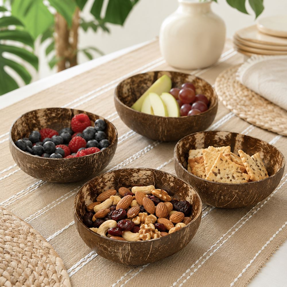 Natural Coconut Shell Bowls, Food-Safe Lacquered Interior, Medium 11-12cm Set