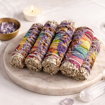 Smudge Stick, White Sage, 7 Chakra Petals and Purple Sinuata 4"