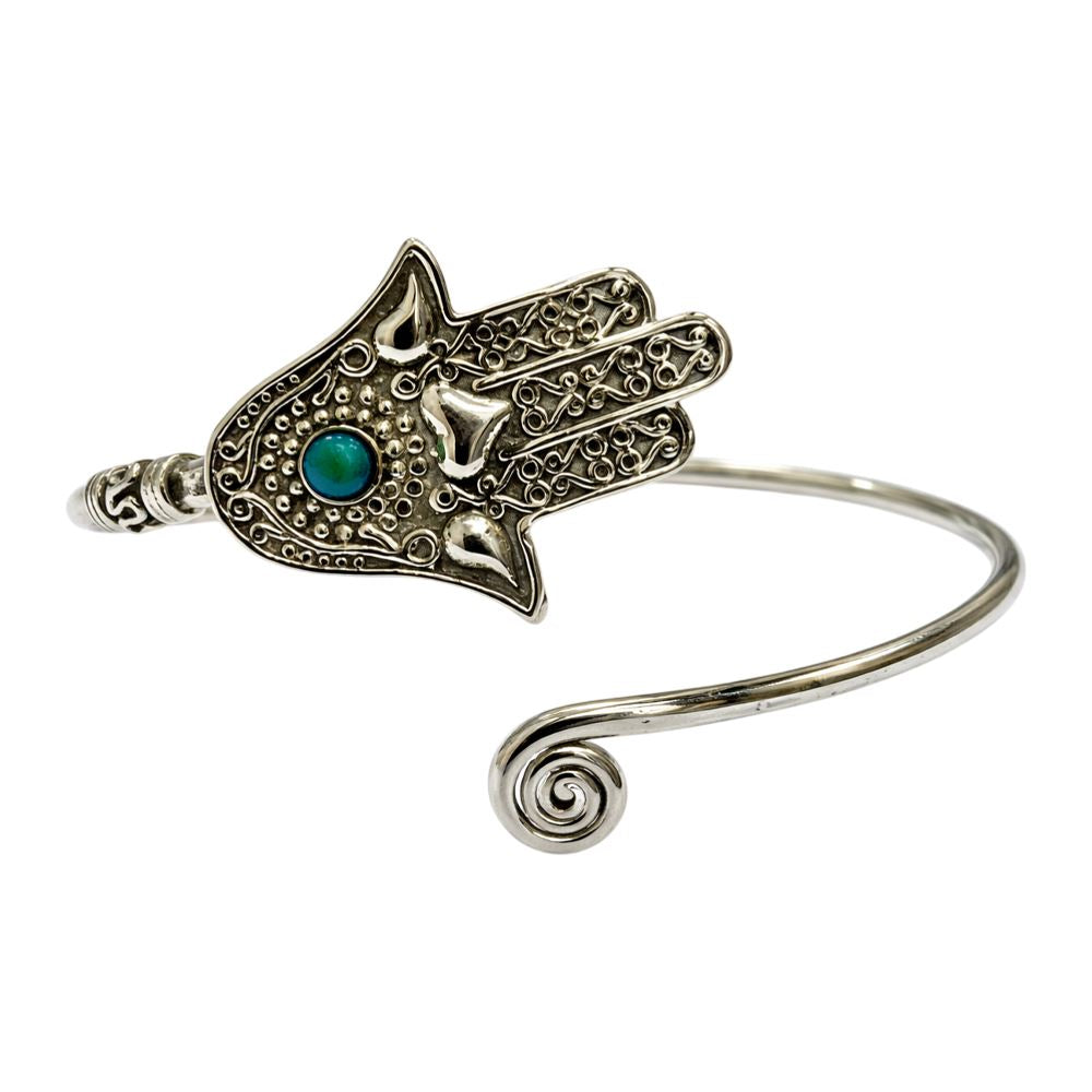 Silver-Plated Adjustable Hamsa Spiral Cuff Bangle - image 2